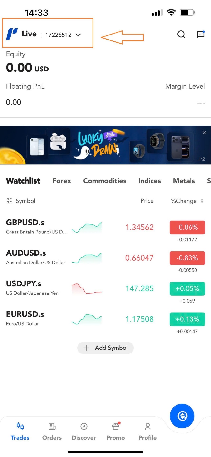 Step 1 - PU Prime app login screen showing account balance and trading pairs