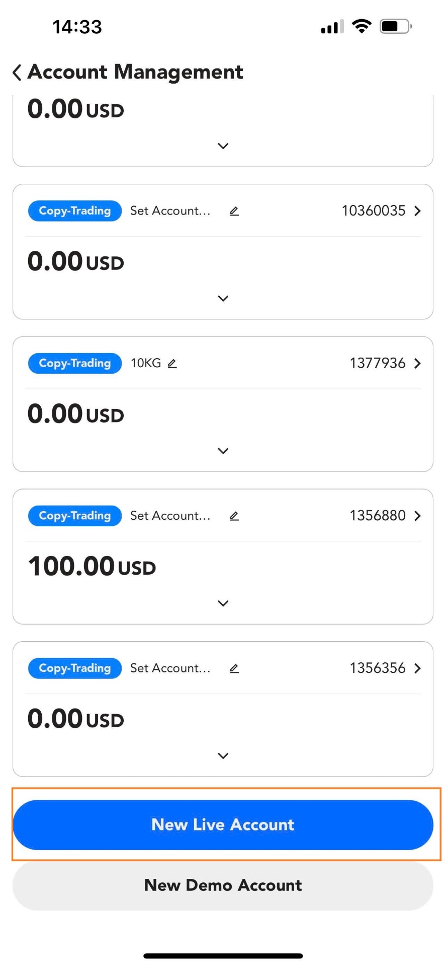 Step 1 - Account management screen showing multiple account IDs and balances
