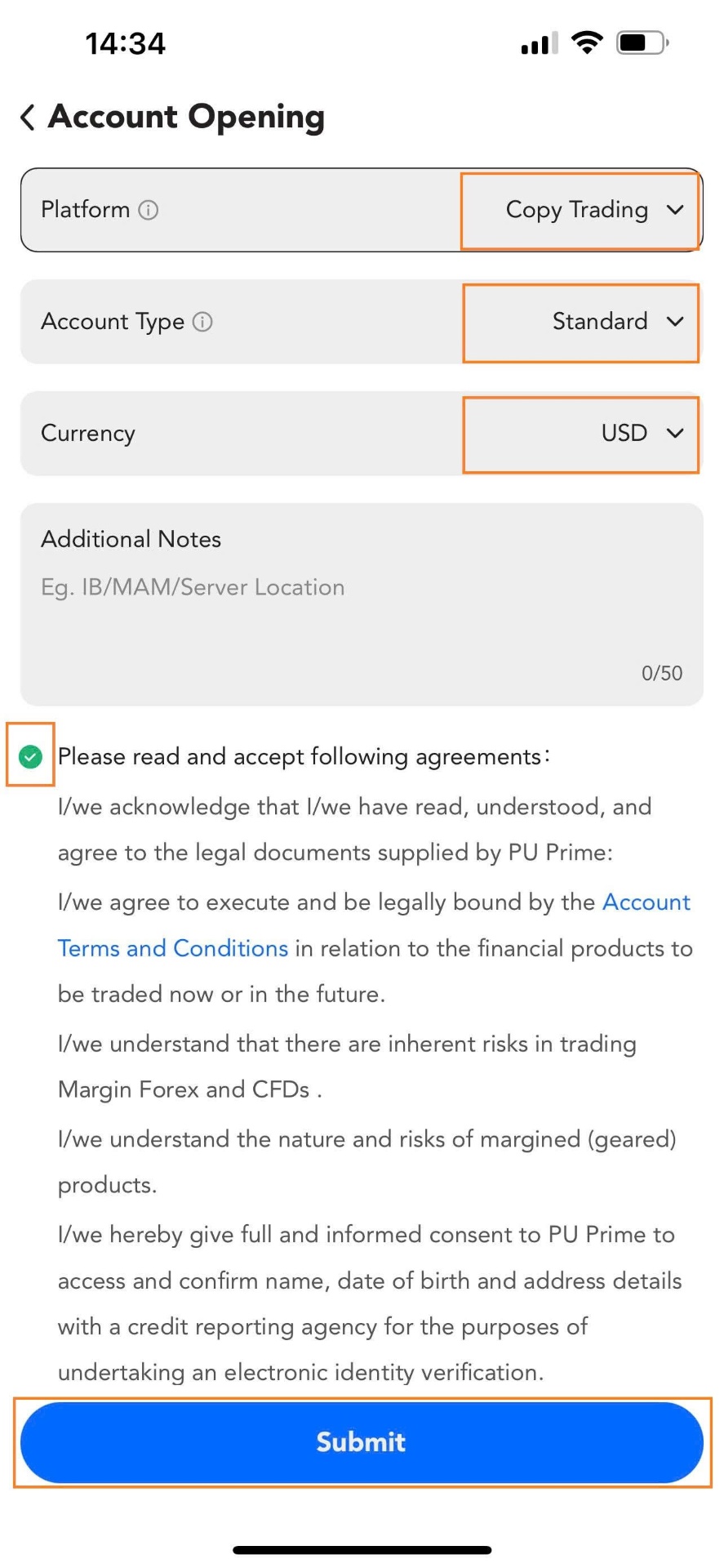 Step 2 - Account settings showing Copy Trading platform and Standard account type selected