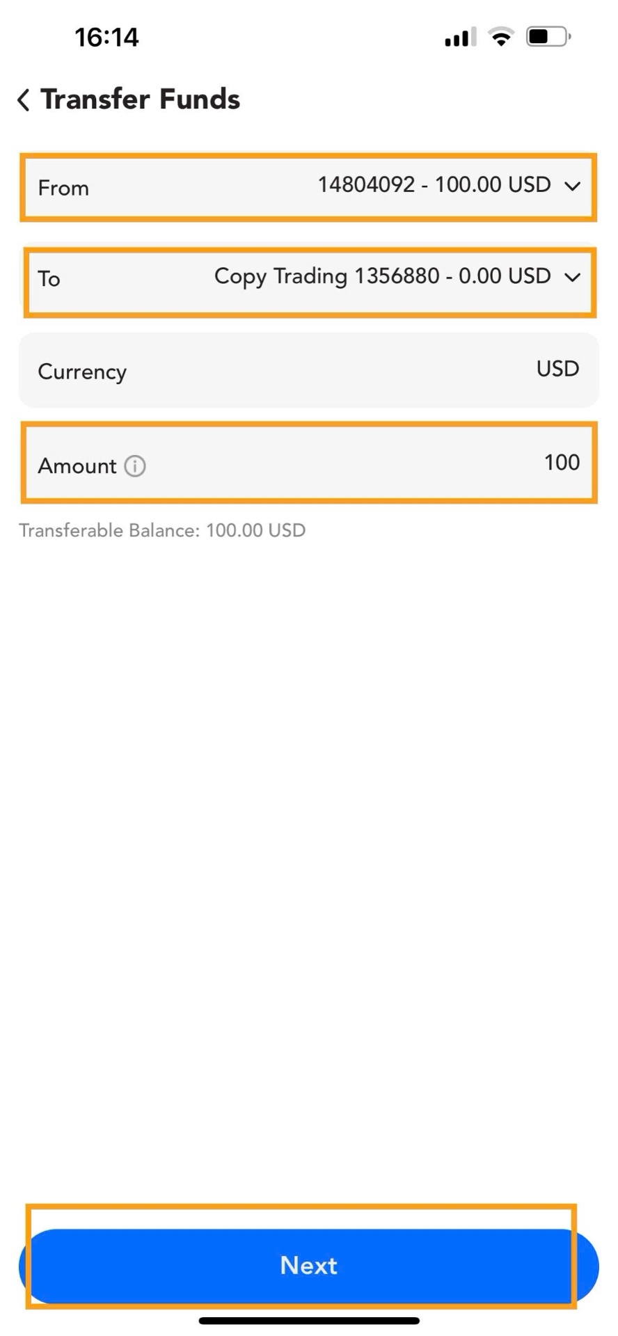 Step 4 - Fund transfer interface between Live account and Copy Trading account