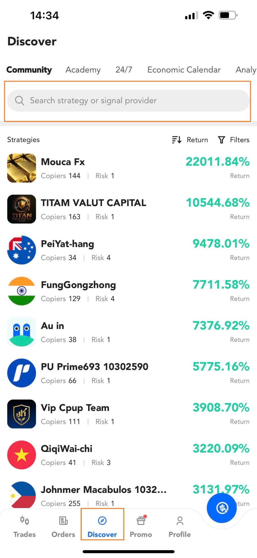Step 5 - Discover section showing list of master traders and search results