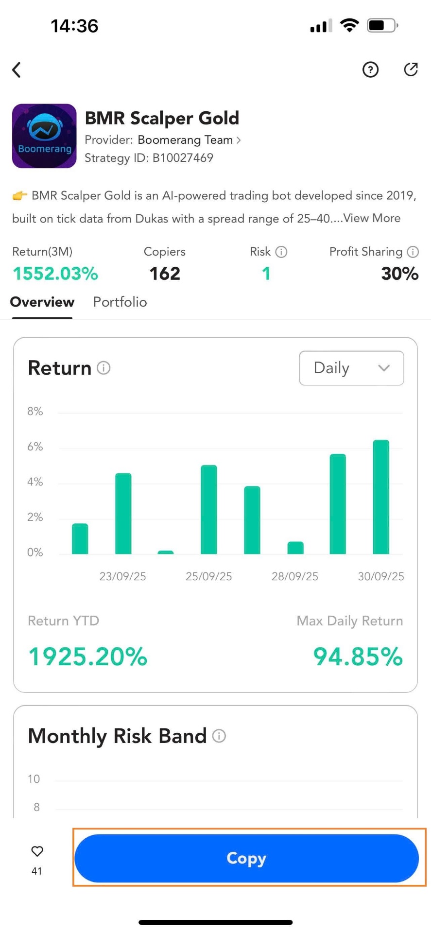 Step 6 - Master strategy details page showing performance metrics and copier statistics