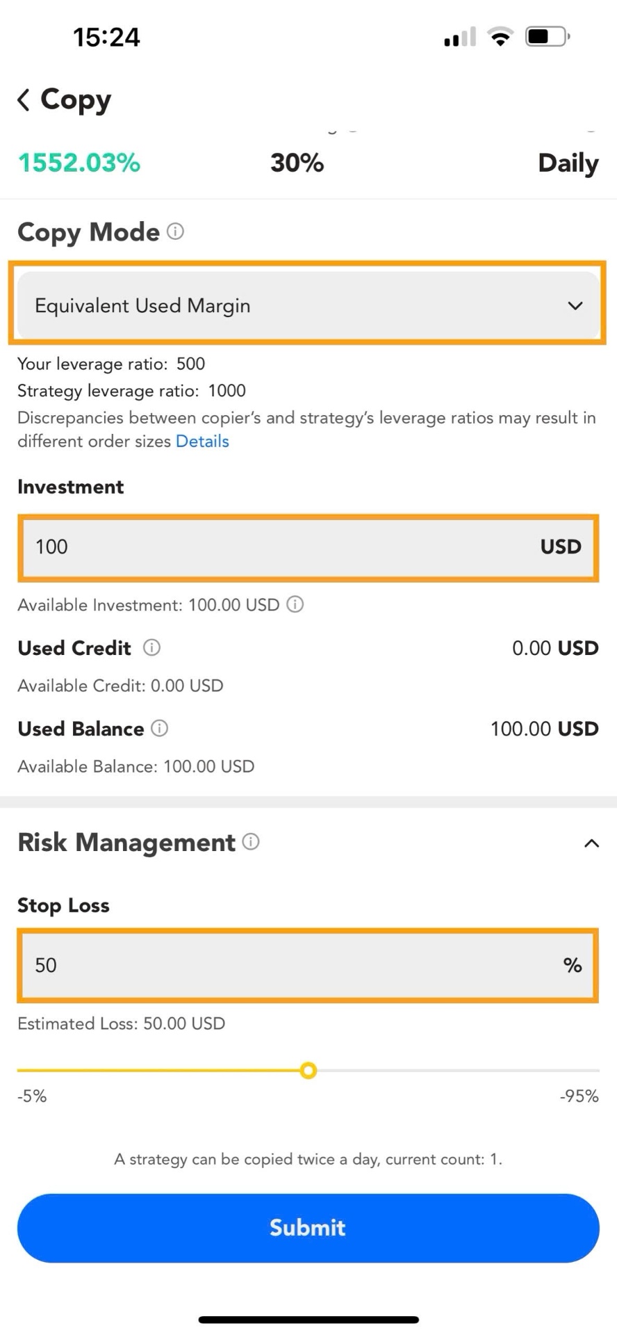 Step 7 - Copy trading configuration screen showing mode selection and risk settings