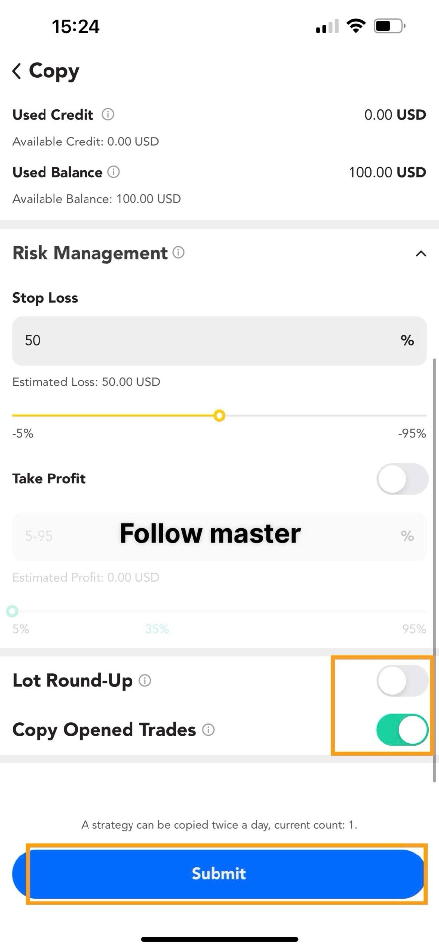 Step 7 - Final submit screen with investment amount and Lot Rounding toggle